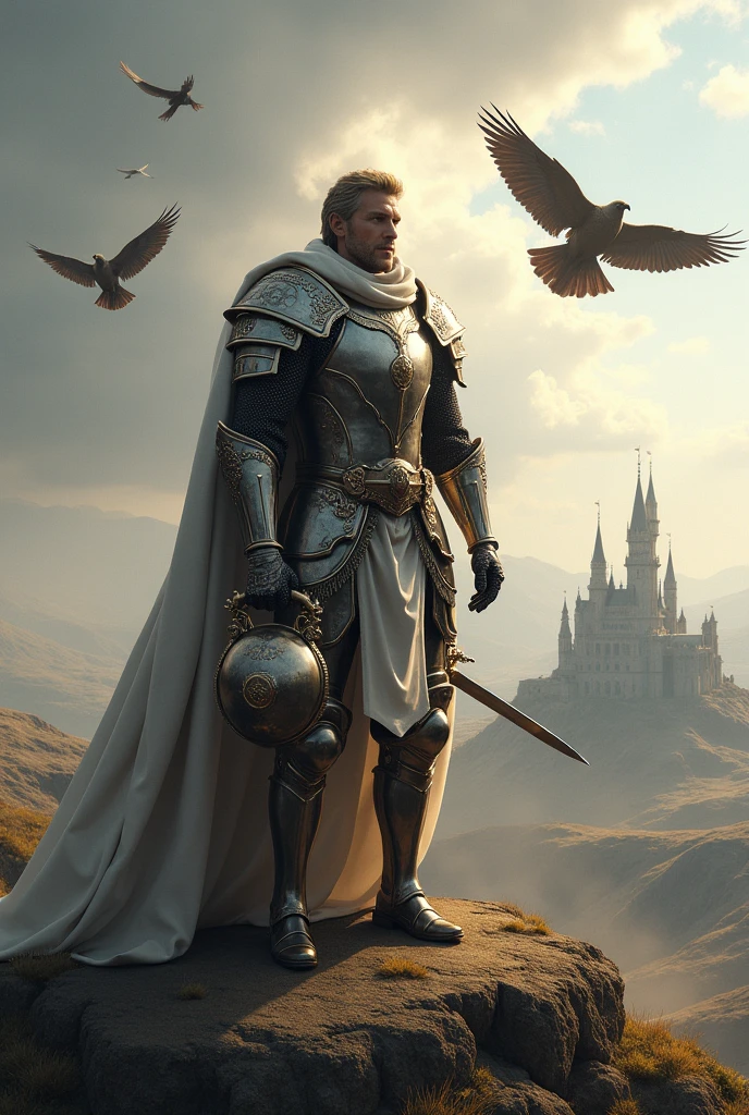 A knight staning on a large hill  
holding a helmet in left hand 
Wearing luxury armor 
Holding down a sword in right hand 
The alamut castle in background 
Some birds flying high 
An eagle flyng above knight's head 