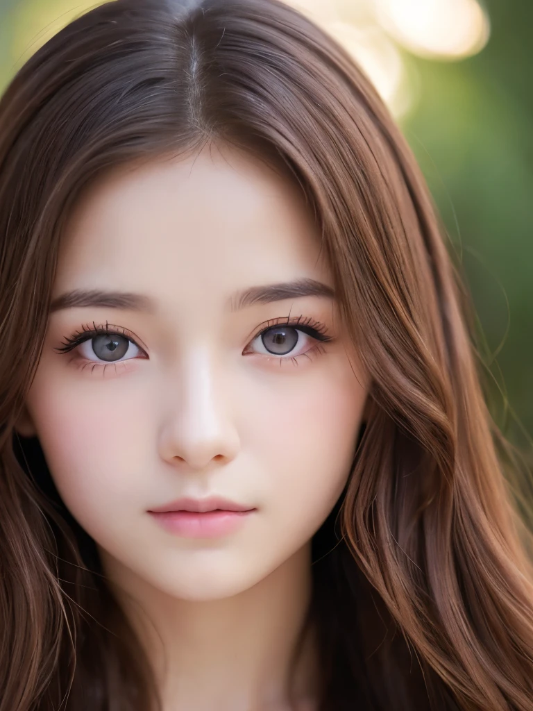 Close-up portrait of a young woman。With striking pink eyes、She has long, wavy brown hair that falls to her shoulders.。Her expression is calm yet confident.、There's a hint of curiosity in his gaze.。A pale pink collared shirt、He was wearing a matching pink tie.、Gives a professional yet stylish impression。The lighting is soft、Highlights the natural texture and flow of your hair、Shading is applied to subtly accentuate the contours of the face.。Her skin is smooth and、A young woman with a slight reddish hue々It gives a vivid and lively impression.。The background is simple、The focus is on her expressive eyes and intricate facial details。The style is sophisticated、A perfect blend of realism and anime aesthetics.、It expresses elegance and dynamic individuality.。