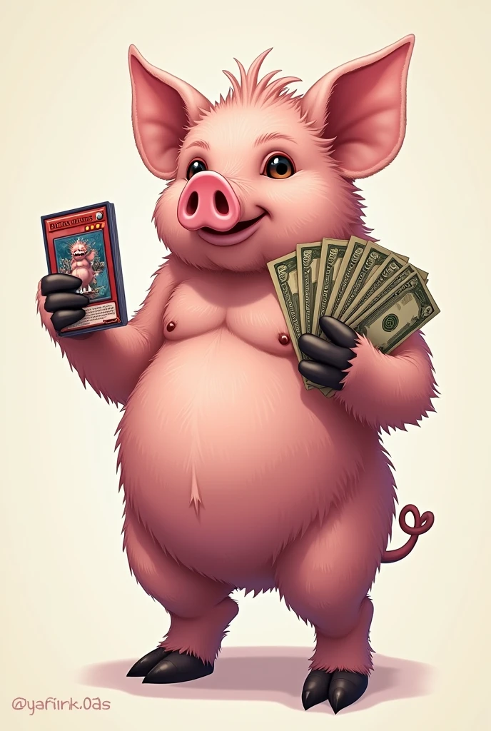 Humanlide pig with Yu-Gi-Oh cards! In left hand and right hand money.