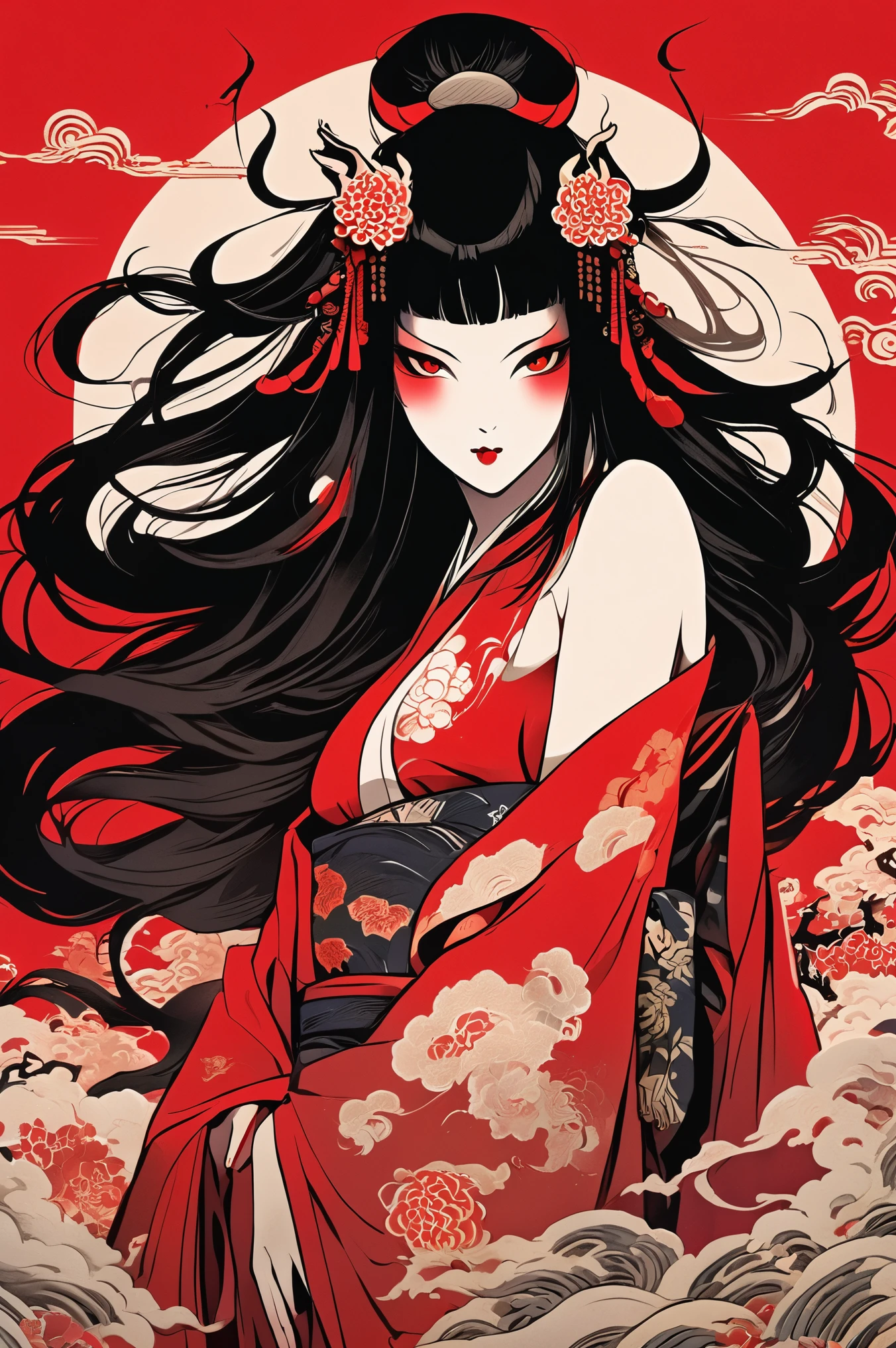 A girl with long loose black hair, crimson red eyes. Deep red lipstick, red eye shadow , very big breasts demon, nude dancing , geisha clothes , big breasts, (arms behind back),
