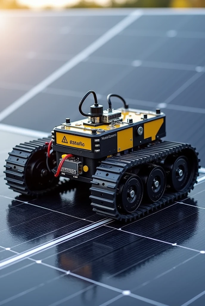 The solar scrub has two main parts:Movement: The robot is driven by a rubber track wheel design, powered by a geared brushed DC motor. Ultrasonic sensors on both sides and the front prevent it from falling off the solar panel. An Arduino Mega microcontroller, with its 48 digital pins, controls the robot and the cleaning mechanism. A 3S LiPo battery powers the system.Cleaning: The panels are cleaned by a rotating soft bristle tubular brush at the front, which works with water dispensed continuously to enhance cleaning efficiency.(make a robot through this information and don't make it too realistic jus a simple art drawing)