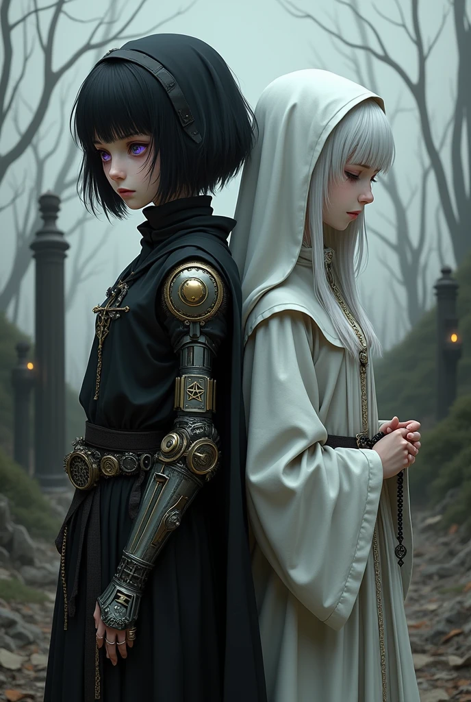 Two pale girls from the middle ages, back to back, the left with violet eye, short black hair, black alchemist robes with technology, cut on the face, steampunk left arm prosthesis, with pentagram and dagger, with a look of suffering, right with white nun clothes, long white hair, eyes closed holding a rosary, with an execution at the stake behind.