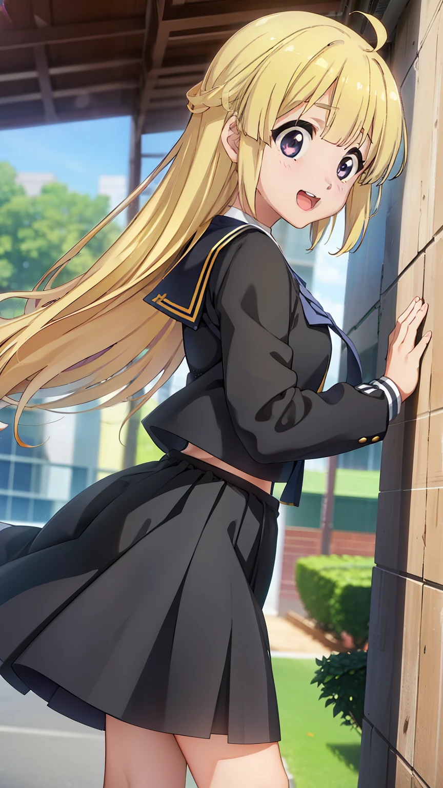Shy college girl walking through campus, face shape,Slightly upturned nose,Slightly permed textured curls,like々Wearing a new uniform,sunny day