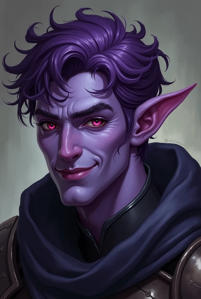 Purple-skinned drow tiefling. He has a short, curly, dark purple hair. He has red eyes and a smirk on his face..Elf middle-aged man,uncle,Oblique bangs cover the eyes,short detailed hair,Oil head,stubbles,deep purple hair,Flirtatious laugh,Raise an eyebrow,dressed in armor,The upper part of the body