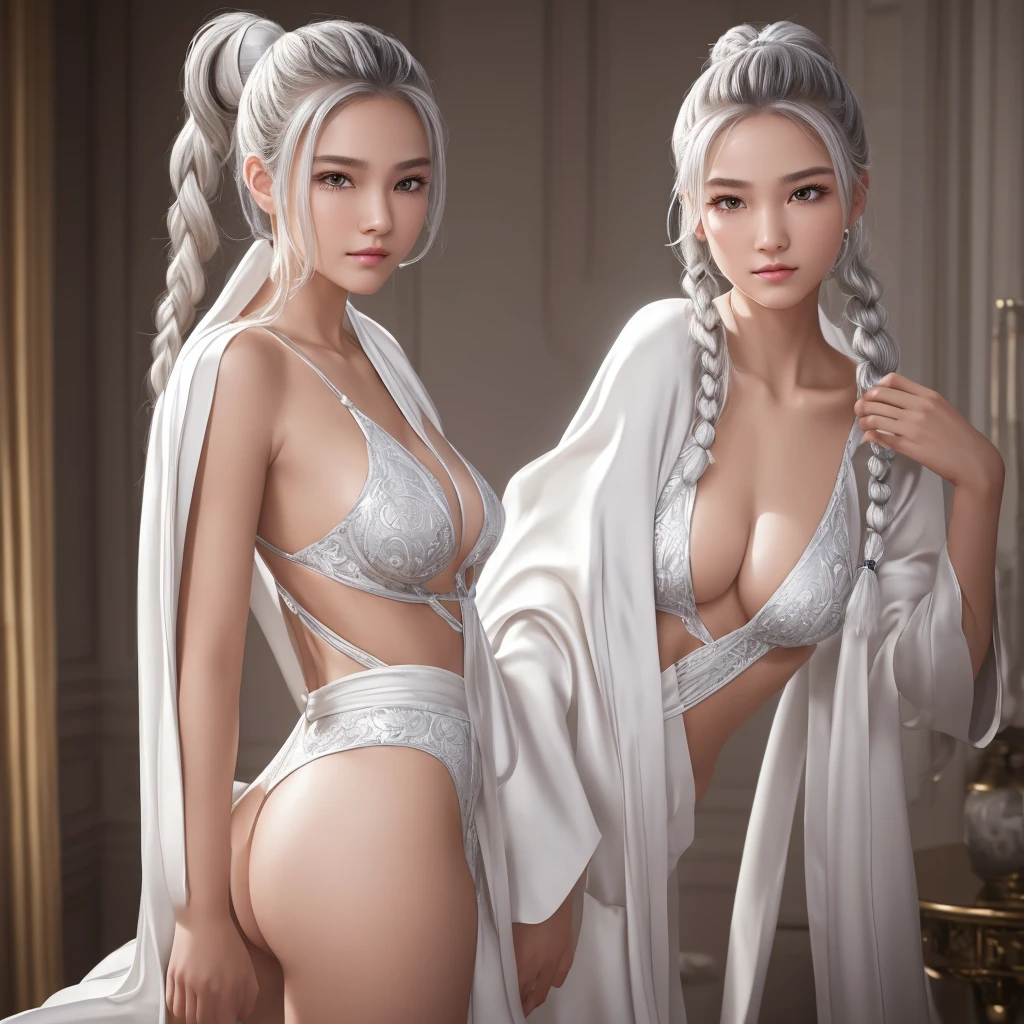 a young girl in a luxurious room, detailed face with tear mole, white skin, silver hair in ponytail and braid, looking at viewer, wearing a silk robe with hollow pattern, big breasts, slim body, big ass, professional lighting, photon mapping, radiosity, physically-based rendering, ultra high resolution, realistic, masterpiece