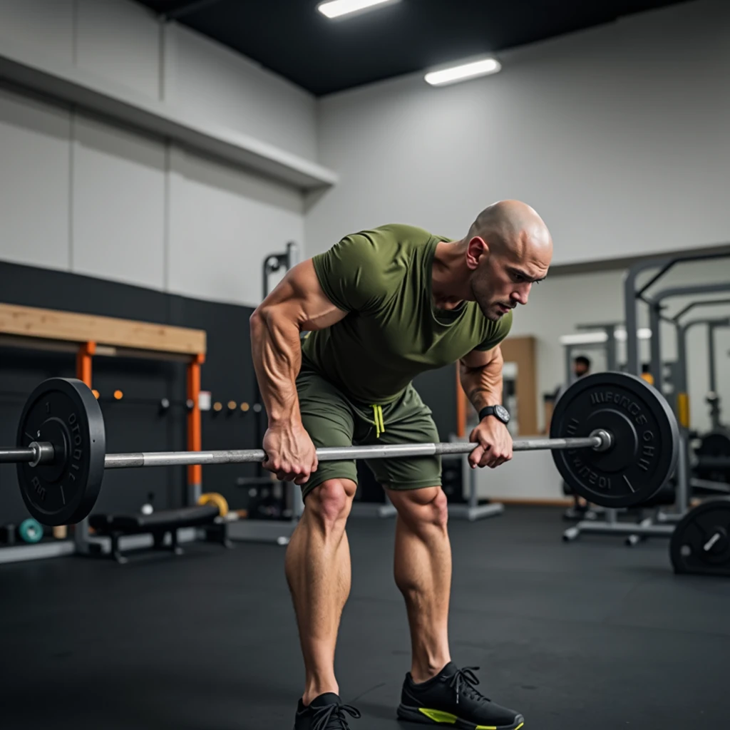 High Detail RAW Color Photo Professional Photo. A tall, muscular man with a shaved head and pale skin is in a gym, positioned in a bent-over row stance, mirroring the pose seen in the reference image. He is wearing a fitted olive-green athletic t-shirt that highlights his broad shoulders and strong arms, along with black sports shorts with a neon green drawstring, showcasing his powerful legs. His feet are planted firmly on the ground, with his hands gripping a barbell, his muscles visibly tensed as he performs the exercise. The gym environment is well-lit, with a clean, modern design, featuring various workout equipment in the background. The lighting is soft, casting natural shadows that emphasize the definition of his physique and the focus on his face as he concentrates on his form. The overall scene captures the intensity of the workout and the strength of the character
