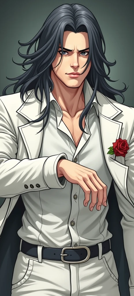 ((Best quality)), black long hair guy, black eyes