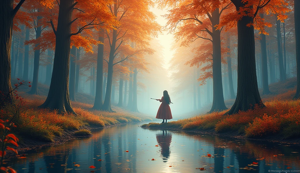 Create a hyper-realistic illustration of a magical autumn forest, featuring vibrant orange and red foliage on tall trees. The scene is bathed in soft, ethereal lighting that creates a dreamy atmosphere. In the distance, depict a woman in a flowing dress playing the cello among the trees, adding a serene and emotional element. The forest floor is covered with colorful vegetation, and a tranquil lake in the foreground reflects the warm tones of the landscape. Add subtle neon highlights to the contours of the trees and plants to enhance the mystical vibe.