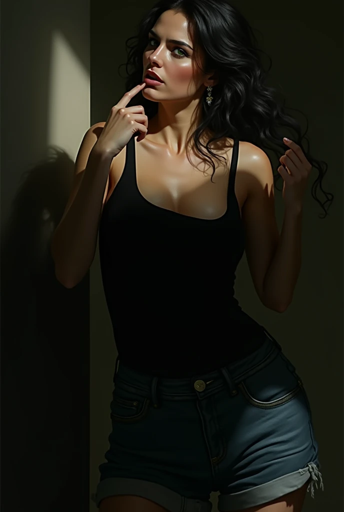 Realistic image of a slender woman with a large body, 3, long black wavy hair, green eyes, is in profile, leaning against a wall, wearing a black top and short jeans. She has a defiant expression..