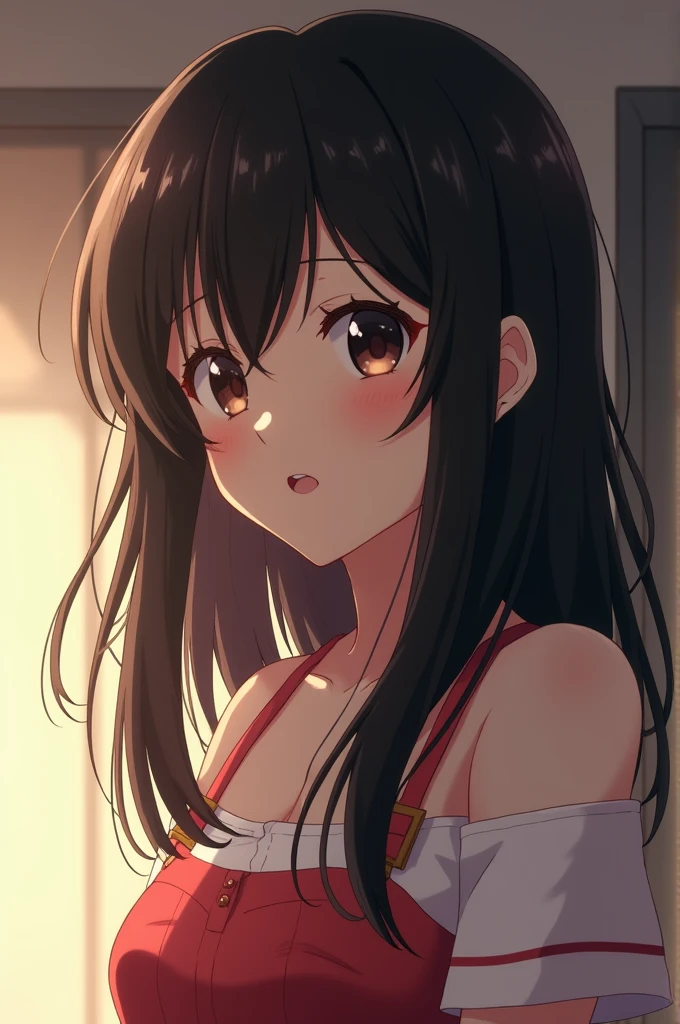 A brunette girl with side bangs all black medium hair, In anime, Small breast, Dark skin 