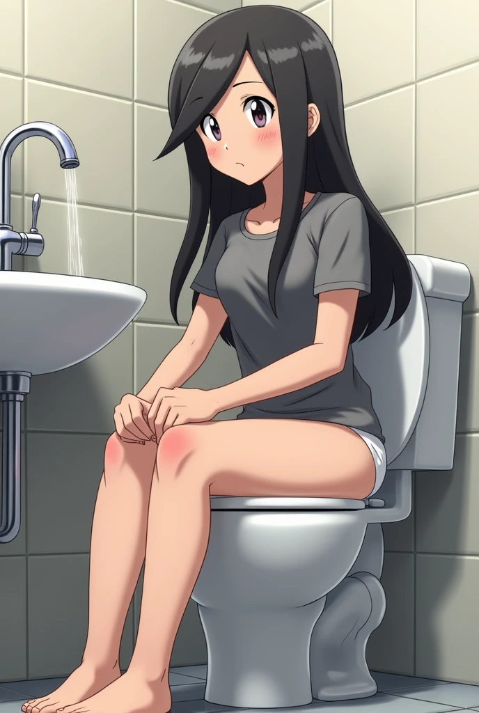 Hilda from pokemon pooping in the toilet while wearing white panties and a grey shirt while not wearing shoes socks pants or skirt

With the toilet tap open while pulling the panties on her legs
