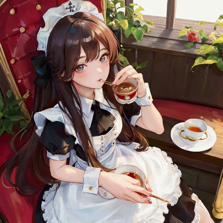 ((best quality)), ((masterpiece)), (detailed), 1girl, drinking tea, maid dress, sitting on chair, long hair