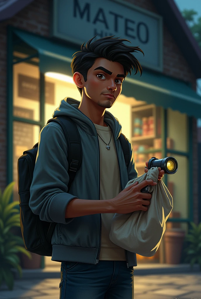 prompt (Spanish): Mateo prepares to enter the store, with a cloth bag in one hand and a flashlight in the other.
prompt (English): Mateo gets ready to enter the store, holding a cloth bag in one hand and a flashlight in the other.

