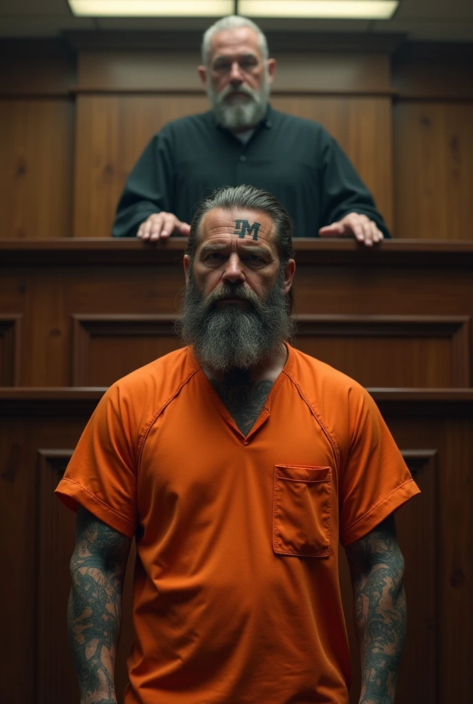 Create an image of a man in orange prison clothes, bearded and tattooed with an M on his forehead, being sentenced to prison..judge