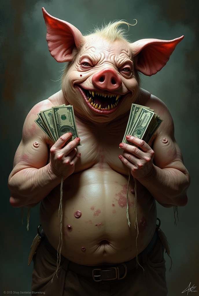 Grotesque humanoid pig with Yu-Gi-Oh cards! In left hand and right hand money.