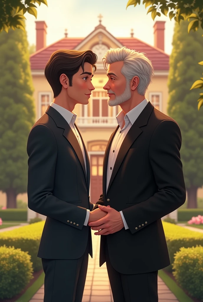 An elegant mansion in the background, with a beautiful garden around. Em primeiro plano, an effeminate young man with a soft smile, wearing a modern and stylish outfit, holding an older man's hand, in a suit, that looks serious, but with a loving look towards the young man.