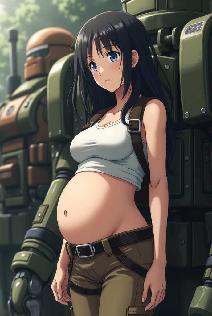 Une femme, personnage dans l’anime "Attaque des Titans", aux cheveux longs noirs un peu lisse, aux yeux bleues ciel, enceinte de 2 mois, avec son équipement tridimensionnel, un haut blanc à mâche mi longue et cargo caki taille basse 