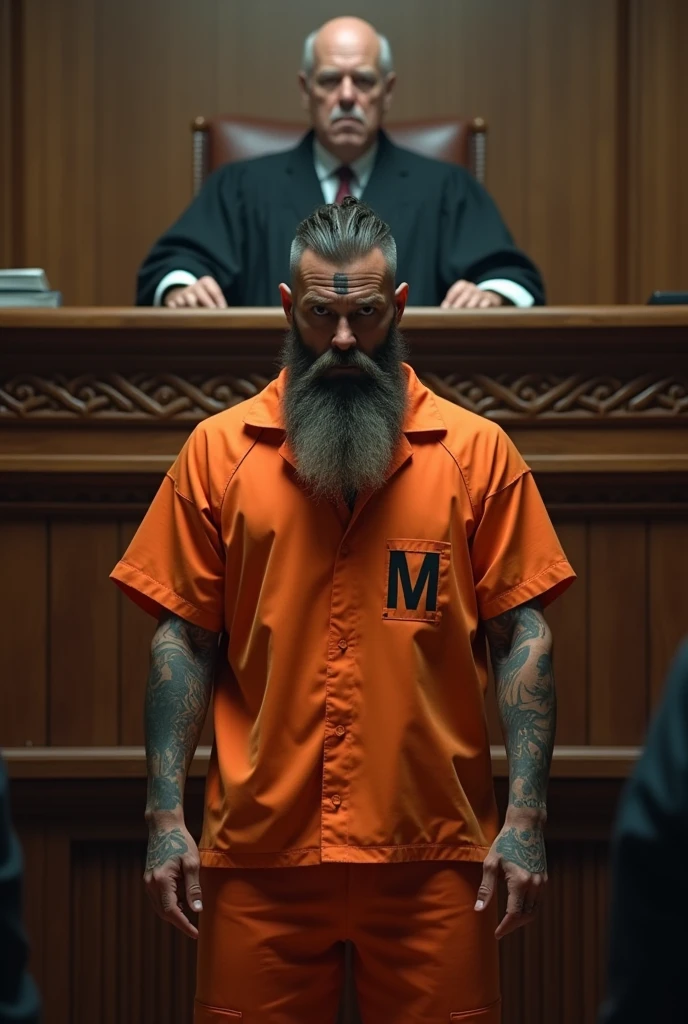 Create an image of a man in orange prison clothes, bearded and tattooed with an M on his forehead, being sentenced to prison..judge