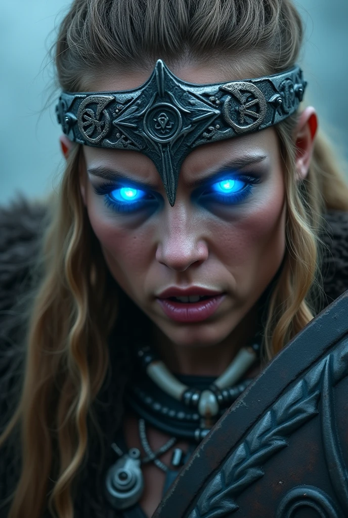 Close up face beautiful viking woman, axe and shield in hand , strong blue light in the eyes, crown of the goddess freya , tribal design on the eyes, Angry, bone necklace around the neck, battle armor, with hate, focused