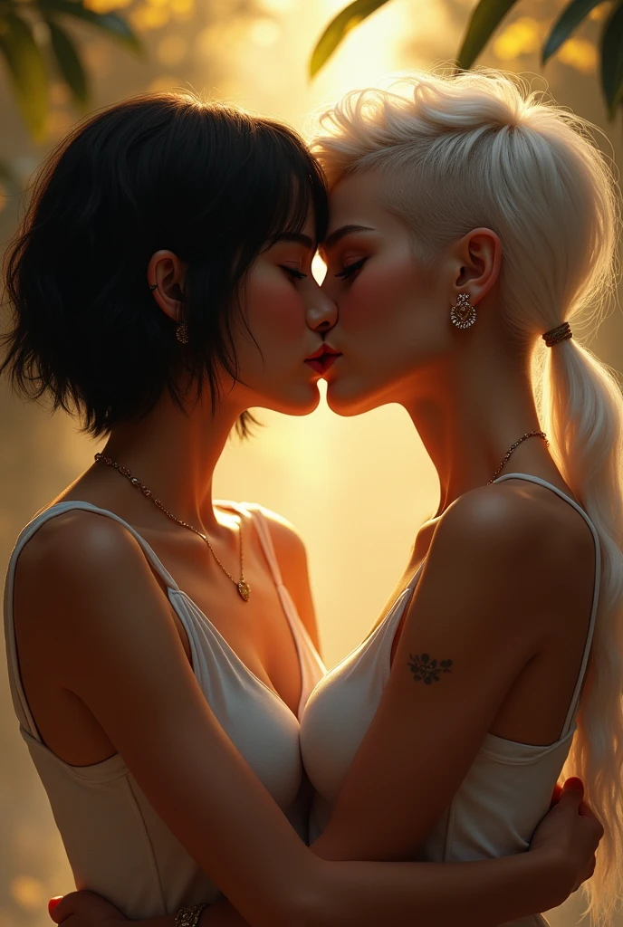 Lesbian couple, Chinese with a Brazilian, Chinese woman having short hair and black eyes with gold, Brazilian woman having white hair and shaved on the side with golden eyes, kissing