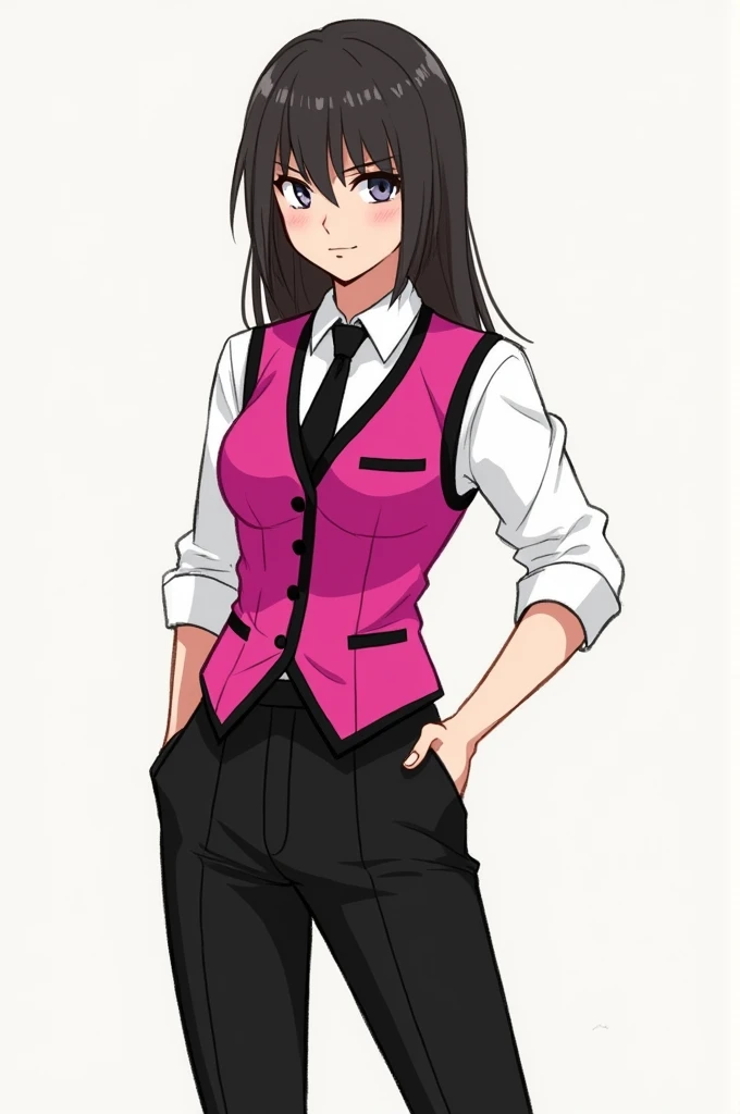 Sketch style drawing of a girl detective wearing black pants and a fuchsia pink vest with black trim and edges, white shirt and black tie.