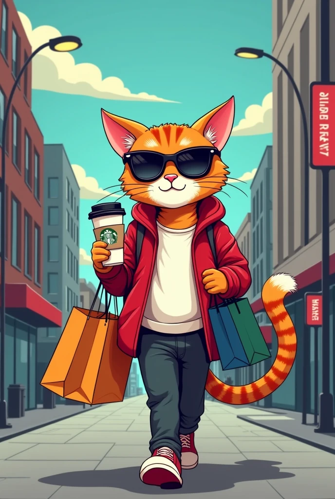 Make me a logo of a nice cat walking through the city, very cocky, with sunglasses and drinking a Starbucks-style coffee, with a cocky walk and some bags in his other hand, with a posture of "I Deserve It". Remember it's a logo, so it must be vector style