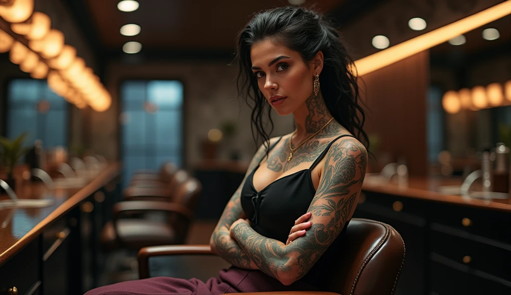 a heavily tattooed and pierced female barber in the empty space of a HI-TECH barber shop, very charismatic, sexy, with a body shape like Monica Bellucci, piercing gaze, 5'7" tall, 45 years.
The style is modern and atmospheric, with an emphasis on detail. The main focus is on the expressiveness of the character and the luxurious setting of the barber shop. 

The angle is chosen so, to show the barber in a close-up from the waist up. This allows you to focus on his charismatic image, tattoos and piercings. The barber occupies the central place in the frame, leaning slightly towards the camera, which creates an effect of intimacy and engagement of the viewer. The barbershop is modern and upscale, with sleek, dark toned decor, leather chairs, and polished surfaces. The lighting in the room is soft, highlighting the luxury of the barbershop, illuminating interior elements, executed with great attention to detail.

The color palette is kept in warm tones, in rich colors. Dark and rich colors predominate: deep brown and black interior hues, silver and soft warm light accents, illuminating tattoos and details of the room. The barber's skin tone is natural, but somewhat enhanced for contrast with his dark tattoos and clothing. tattoos, In turn,, stand out in bright colors