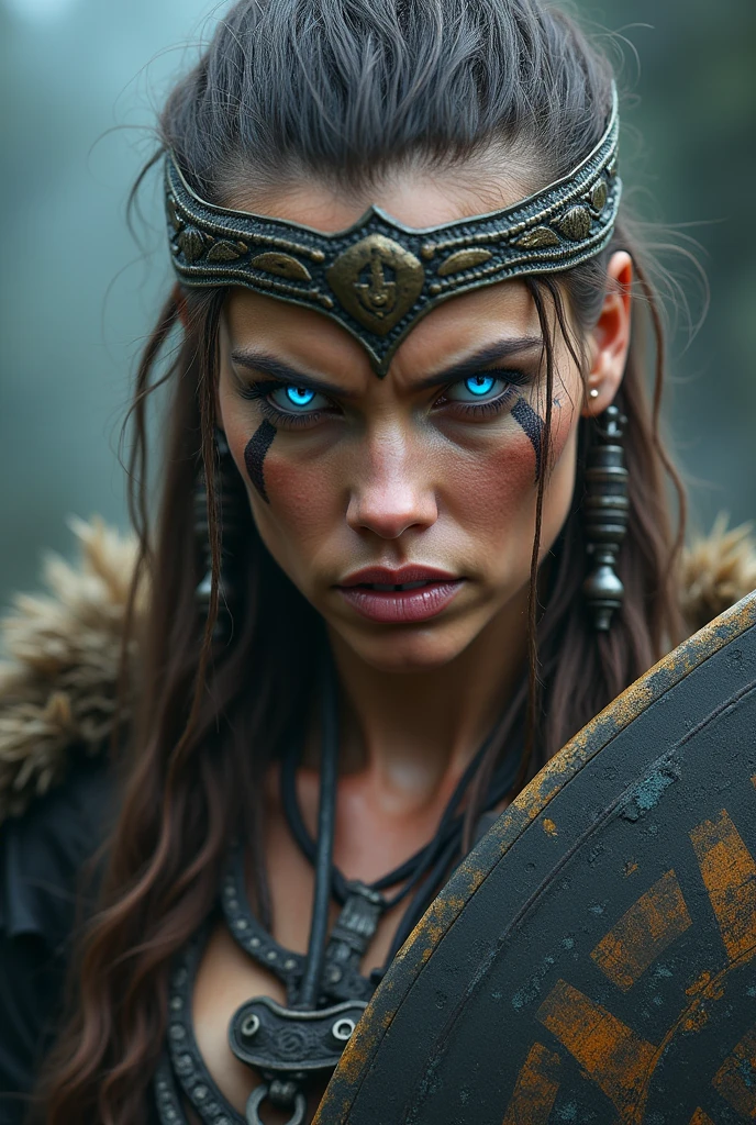 Close up face beautiful viking woman, axe and shield in hand , strong blue light in the eyes, crown of the goddess freya , tribal design on the eyes, Angry, bone ornaments on the neck, battle armor, with hate, focused
