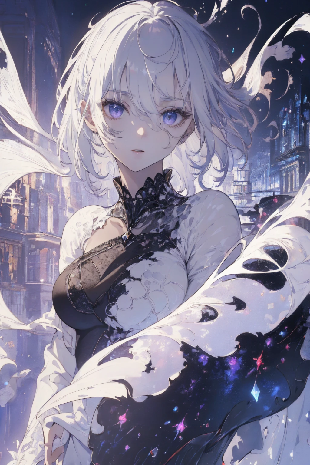 (landscape photo:1.1, in white downtown:1.5), Masterpiece, best quality, (very detailed CG unity 8k wallpaper), (best quality), High definition RAW color art, Animation,sculptures, (black Marble Skin), (((Ultra detailed elegant))), Magical atmosphere, Detailed skin, Texture,(Intricately detailed, Fine detail, ultra-detail art), depth of fields, bokeh, Silky Touch, Hyper Detail, Elegant Face, (white background, view from below), sparkle background, enormous breast:1.3, (silver hair), pastel purple, embarrassing face, short hair