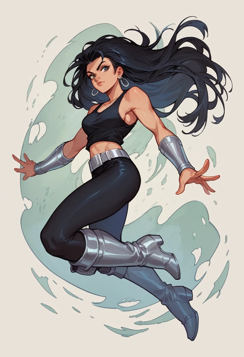 1girl, long black hair, earrings, long black tank top, silver belt, black leggings, silver bracers, silver long boots, dc comics