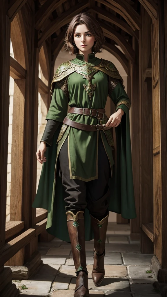 Medieval fantasy god, brown short hair, green eyes, black and green tunic