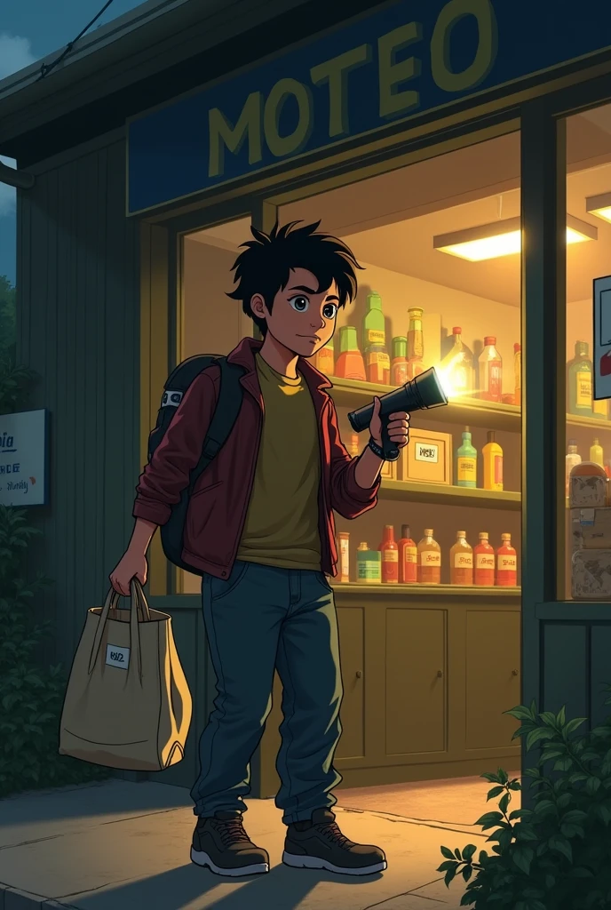 prompt (Spanish): Mateo prepares to enter the store, with a cloth bag in one hand and a flashlight in the other.
prompt (English): Mateo gets ready to enter the store, holding a cloth bag in one hand and a flashlight in the other.

