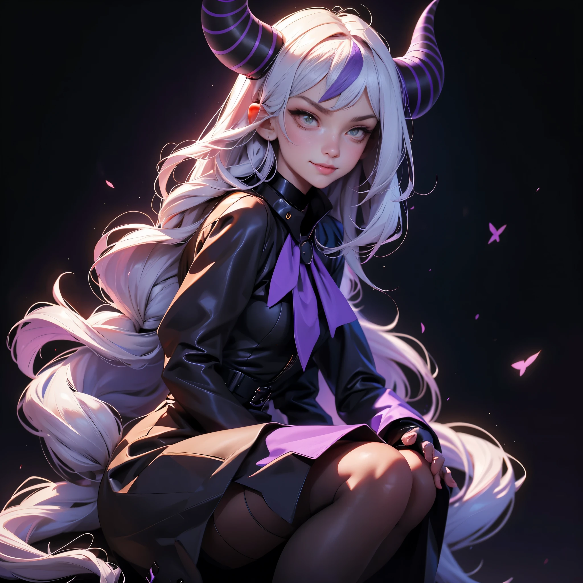 envision a 8k, highres, cinematic, beautiful close up portrait of a girl named Laplus Darkness with long white muilticolored hair, a Large Metal Collar, purple color scheme, sleeves past wrists, sleeves past fingers, braid, Long sleeves, single leg pantyhose, ascot, Black footwear, Dress, Metal collar, long boots, Black Dress, Collar, pantyhose, single thigh high, Evil smile, Exposed arms, against a dark background