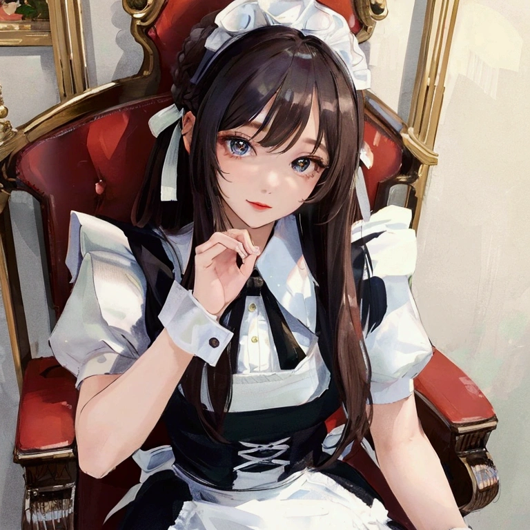 ((best quality)), ((masterpiece)), (detailed), 1girl, maid dress, sitting on chair, long hair