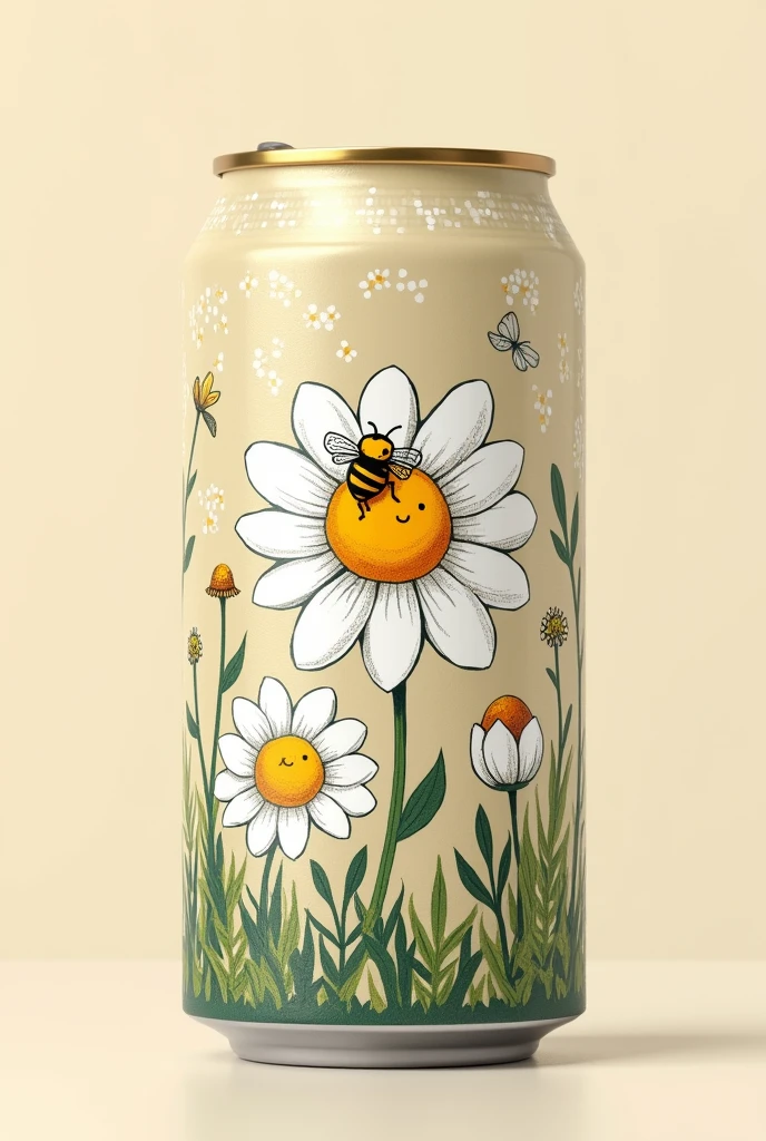Soda can with a very detailed chamomile and bee label