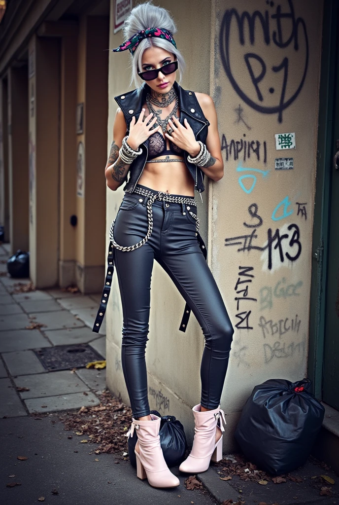 russian milf woman, grey hair (bouffant, top bun) and oversized square sunglasses and wide colourful bandana as headband, with very light green eyes, extremely pale. Big lips. Black lace push up bra, silicone breast,, tight skinny black low rise leather jeans. Light pink high heel mules. Lots of thick wide studded bracelets, chain necklaces and big rings,. Two loose studded belts. Long earrings with chains and feathers. Back against a wall, separated legs, fixing her necklaces with both hands, looking down at the ground, Neck, chest, stomach and wrists heavily tattoed. Toned abdominals, thin neck, slim legs and thin arms. Narrow hips. Full body. At a dead end street with graffitied walls, ground littered with waste and black plastic garbage bags. Full body