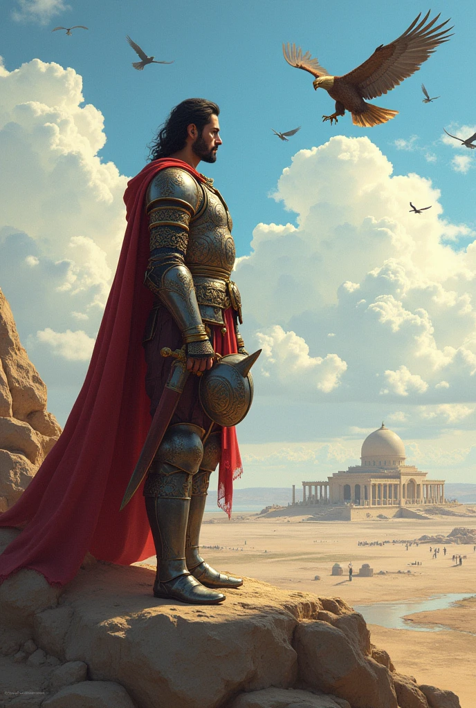 A persian knight staning on a large hill looking right
holding a helmet in left hand
Wearing luxury armor
Holding down a sword in right hand
The Persepolis in background
Some birds flying high
An eagle flyng above knight's head