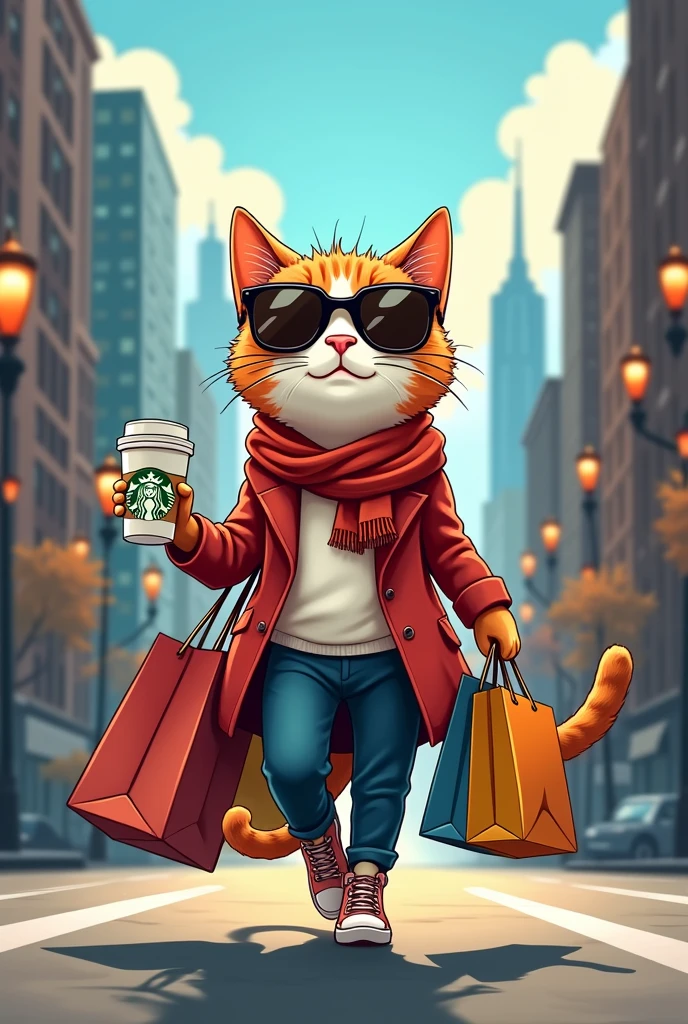 Make me a logo of a nice cat walking through the city, very cocky, with sunglasses and drinking a Starbucks-style coffee, with a cocky walk and some bags in his other hand, with a posture of "I Deserve It". Remember it's a logo, so it must be vector style