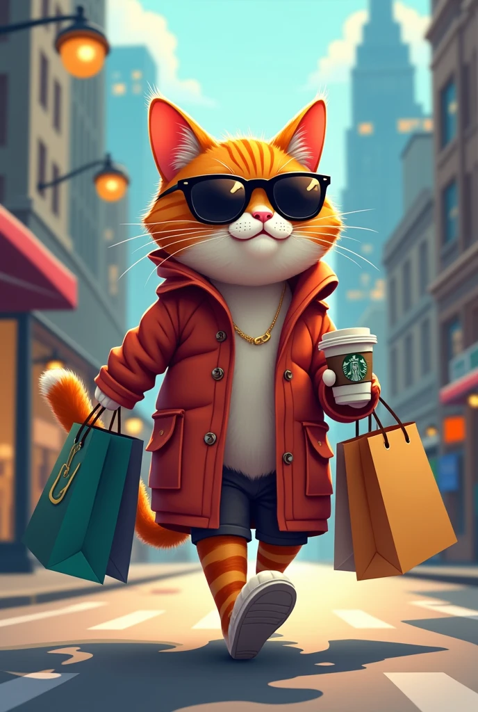 Make me a logo of a nice cat walking through the city, very cocky, with sunglasses and drinking a Starbucks-style coffee, with a cocky walk and some bags in his other hand, with a posture of "I Deserve It". Remember it's a logo, so it must be vector style
