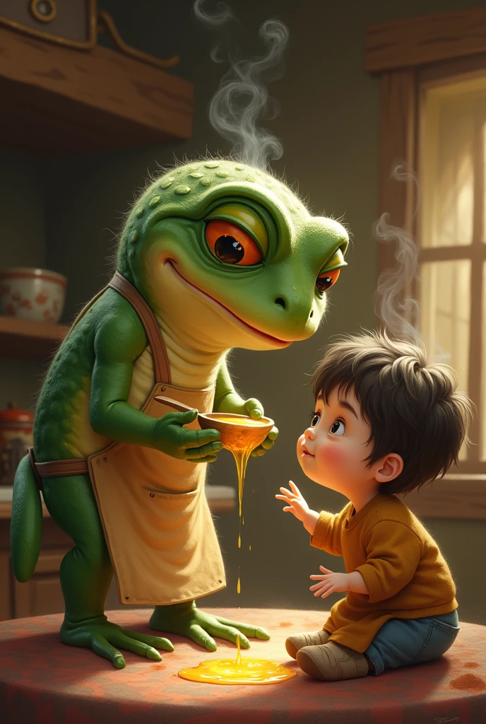 A frog giving a spoonful of syrup to a