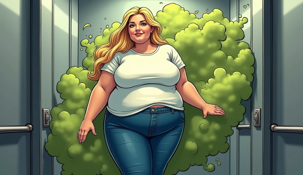 Beautiful blonde morbidly obese woman with a t-shirt and jeans releasing olive green fart stink from her backside in a grey elevator, comic book artstyle