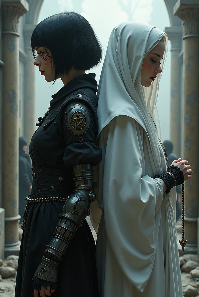 Two pale girls from the middle ages, back to back, the left with violet eye, short black hair, black alchemist robes with technology, cut on the face, steampunk left arm prosthesis, with pentagram and dagger, with a look of suffering, right with white nun clothes, long white hair, eyes closed holding a rosary, with an execution at the stake behind them