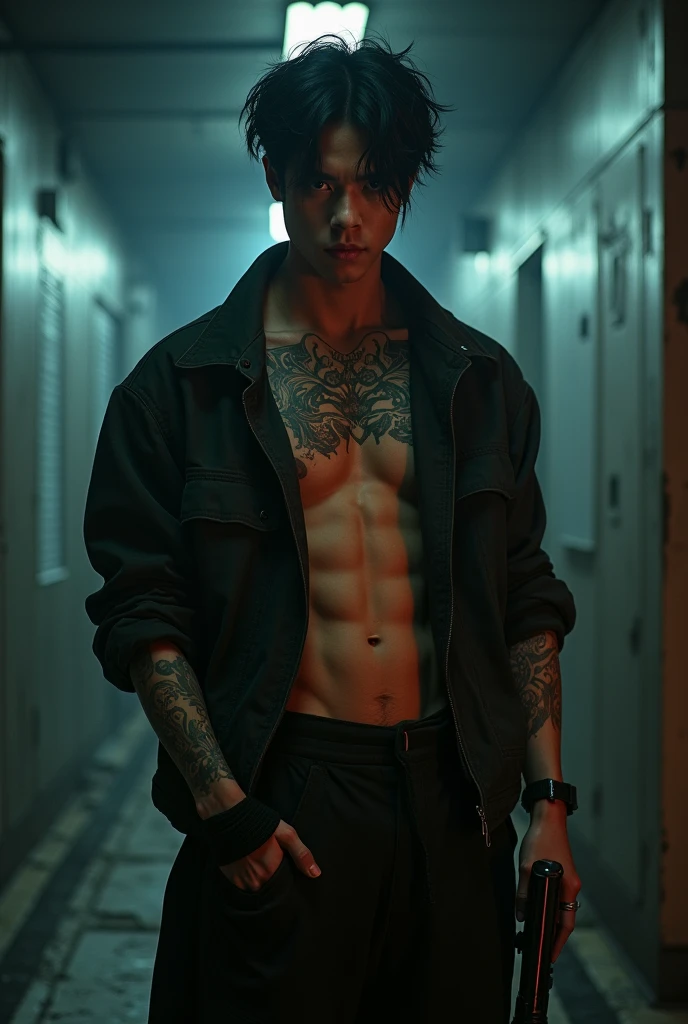 Man resembling BTS's Jeon Jungkook with tattoo, dark hair, muscular body and a gun in his hand