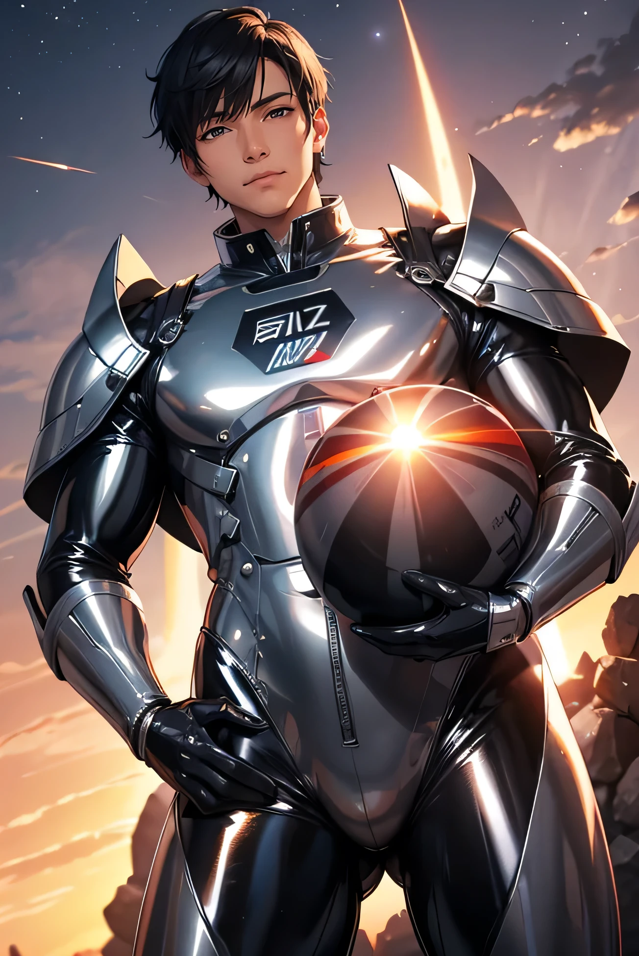 Japanese Handsome model 18age Baby Face smile Black Hair Short cut Short hair looking at the camera Shiny full-body silver suit Shiny silver latex suit Mega Bulge looking at the camera future world red planet Face close-up Planet in the sunset