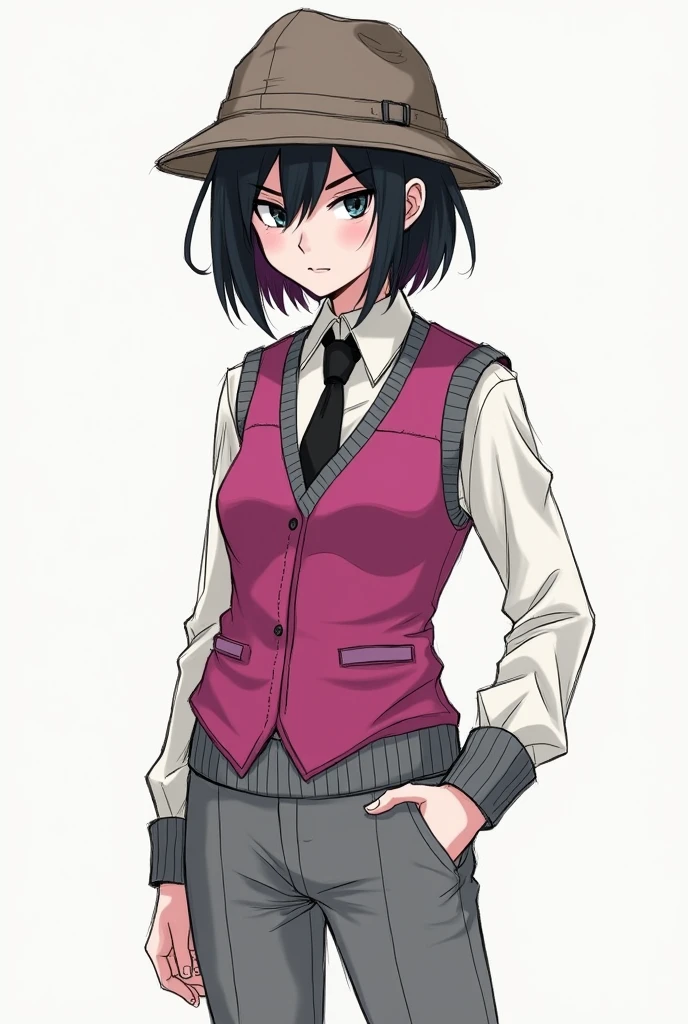 Sketch style drawing of a girl detective wearing grey pants and a fuchsia pink vest with grey trim and edges, white shirt and black tie.