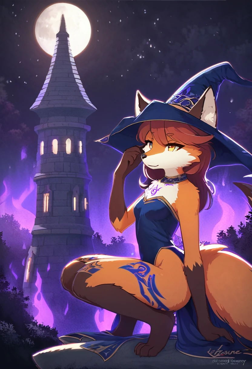 red fox, female, vixen, beautiful, hair, yellow eyes, full body, night, moody, elegant, mysterious, highres, unparalleled masterpiece, perfect artwork, absurdres, rzminjourney, vector-art, masterpiece)(kemono, furry anthro), tattoo on hips, side view, moon, beautiful night sky, stars, black night sky, crouching, flat chest, leaning back against a tree, wearing a sexy sorceress outfit, casting purple magic, purple flame, kitsune, sexy body, on a tower, stone tower, medieval tower