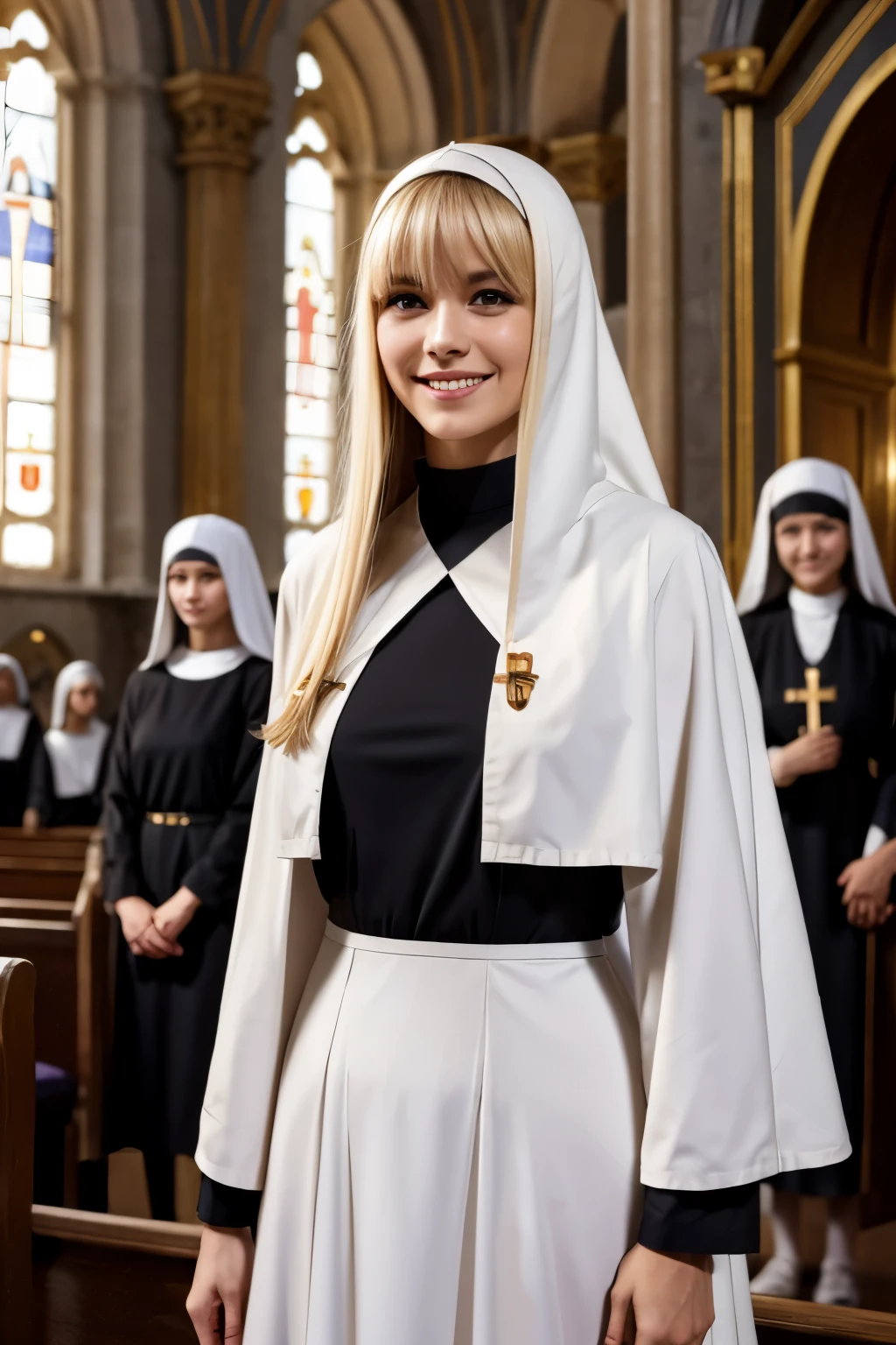 Italian beauty、Blonde Hair、With bangs、smile、Slim body、Monastic uniform、Nuns、Standing before the cross、In the church