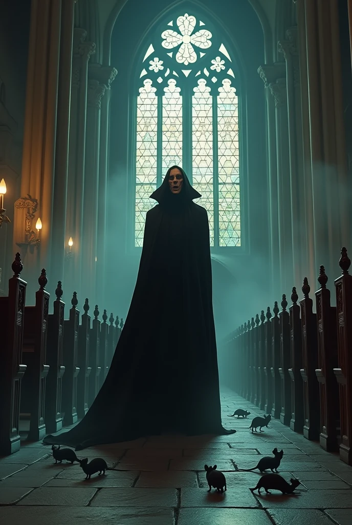 Create me an image of nosferatu in a cathedral with a black cloak and rats on the floor