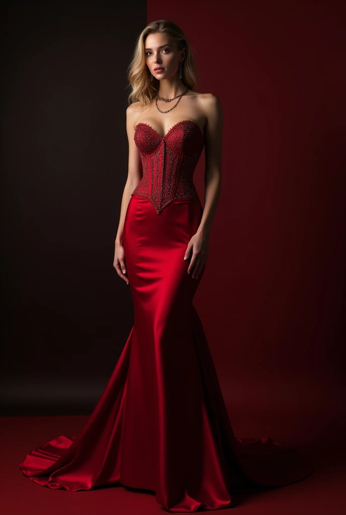 stunning dark red dress with corset top and satain long skirt, sparkles on corset, size s, princess vibe