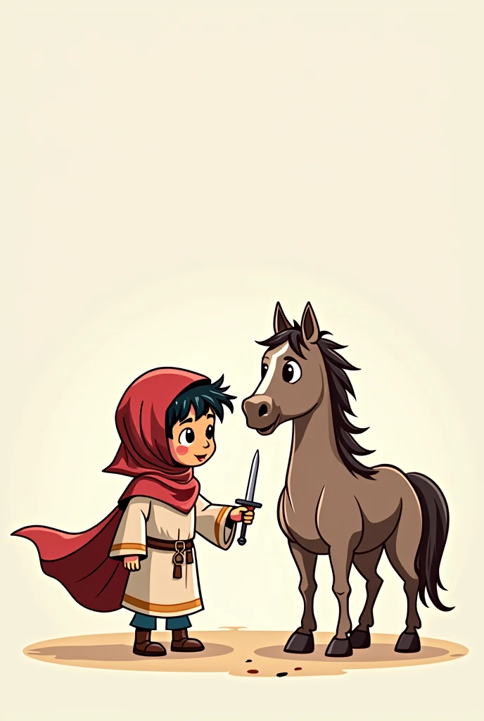 An Arab knight child marked in a cartoon way and a cartoon horse rider 2d drawing outline 